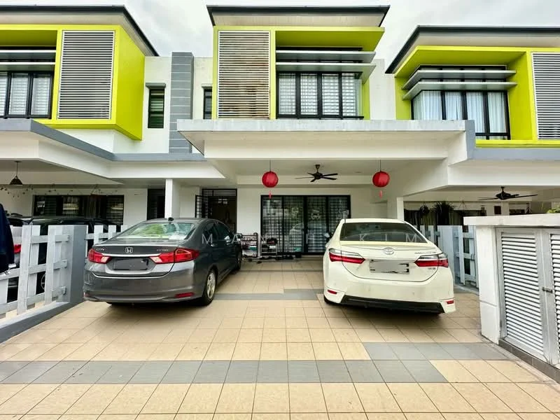 Exterior type: linked terrace house; features: two-car porch, grey painted facade, green accent panels, horizontal louvre screens, sliding glass doors, floor-to-ceiling windows, decorative lanterns, tiled driveway, manicured front garden, white picket fence; style: modern.