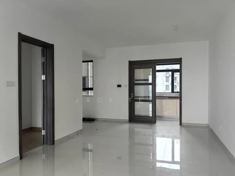 Room features: white painted walls, polished marble flooring, floor-to-ceiling windows, sliding glass door, wooden door frames, neutral color scheme, open layout, natural light from windows; style: modern; view: city.