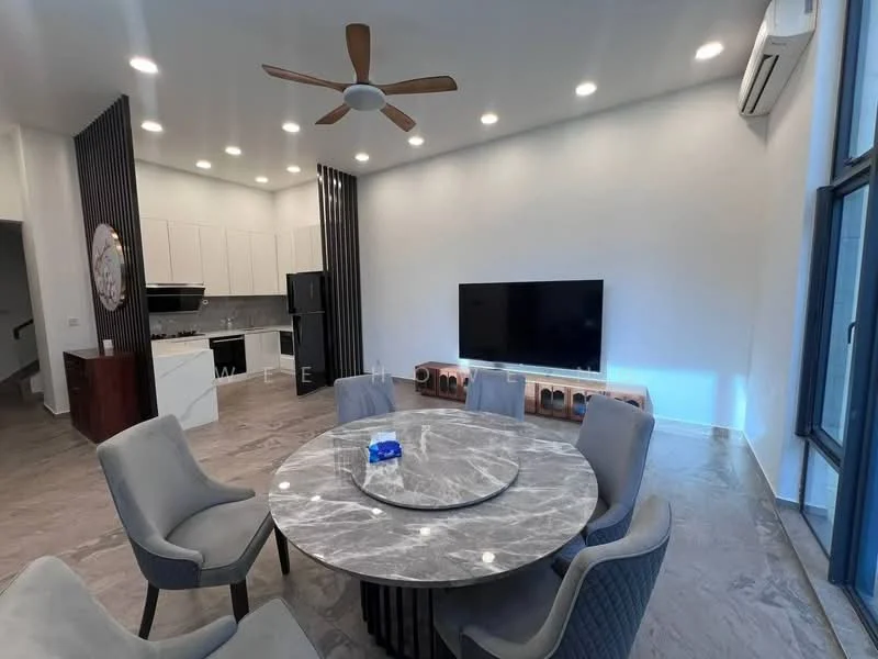 Dining features: round marble dining table, upholstered dining chairs, 5-blade ceiling fan with light, wall-mounted TV, recessed LED downlights, grey tiled flooring, split air conditioning unit, open kitchen layout, decorative wall paneling; style: modern.