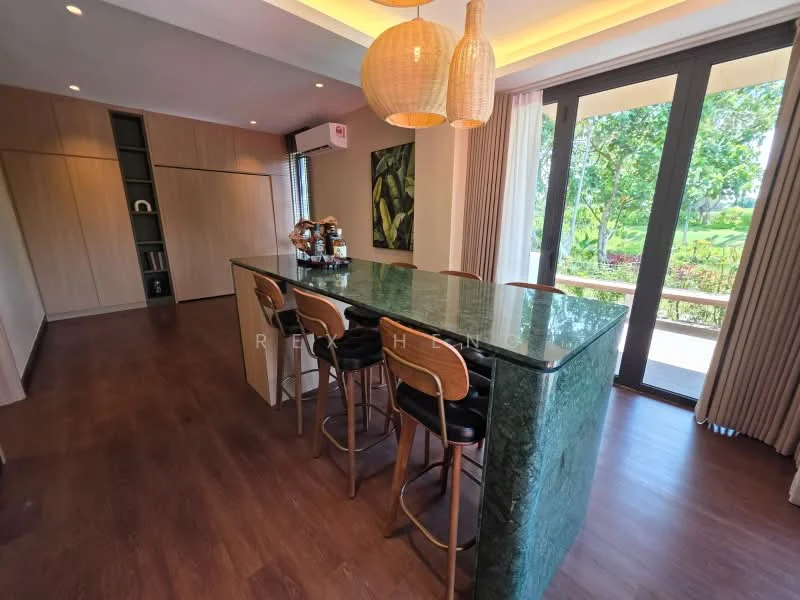 Kitchen features: green marble countertop, wooden cabinetry, bar stools with wooden seats, pendant lighting, floor-to-ceiling windows, wooden flooring, open layout, view of greenery; style: modern; view: garden.