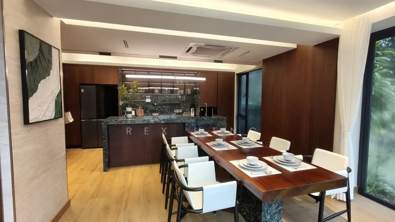 Dining features: wood dining table, 8 upholstered dining chairs in white, green marble tabletop, wooden sideboard, recessed ceiling lights, floor-to-ceiling windows, air conditioning unit, decorative plant on sideboard; style: modern; view: garden. Kitchen features: green marble countertop, wood cabinetry, built-in refrigerator, stainless-steel sink, chrome pull-down faucet, open shelving, kitchen island with seating; style: modern.
