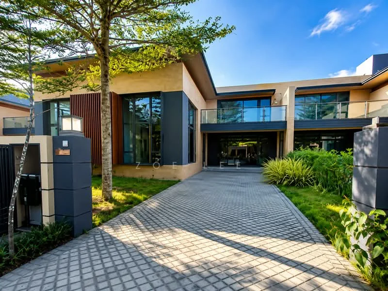 Exterior type: detached bungalow; features: paved driveway, manicured lawn, mature trees, large glass windows, balcony with glass railing, modern facade with stone cladding, landscaped garden, surrounded by greenery; style: modern.
