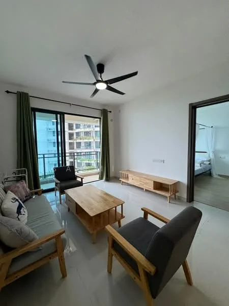 Living features: 5-blade ceiling fan with light, floor-to-ceiling windows, sliding glass door, green curtains, light grey walls, white ceiling, wooden coffee table, 2-seater fabric sofa in light grey, armchair with wooden frame, TV console, laminate flooring; style: modern; view: garden.