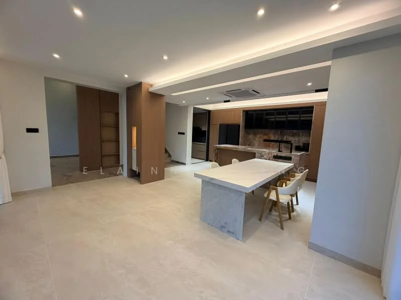 Living features: marble tile flooring, white painted walls, recessed downlights, open-plan layout, kitchen island with seating, built-in cabinetry, black kitchen appliances, large windows for natural light, air conditioning unit, neutral color palette, modern design elements; style: modern.