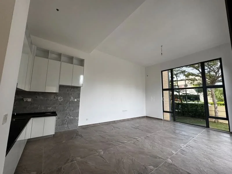 Room features: white painted walls, grey tile flooring, black countertop, white cabinetry, large floor-to-ceiling windows, view of garden, high ceiling, no visible appliances, minimalist design, recessed lighting; style: modern; view: garden.