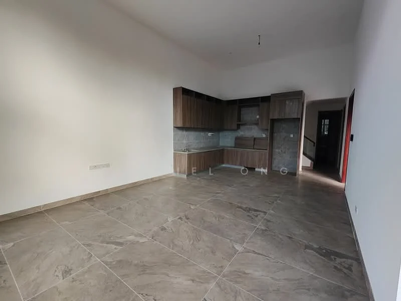 Kitchen features: grey ceramic tile flooring, white painted walls, wood cabinetry, countertop with grey stone finish, built-in kitchen cabinets, open layout, recessed ceiling lights, doorway leading to another room; style: modern.