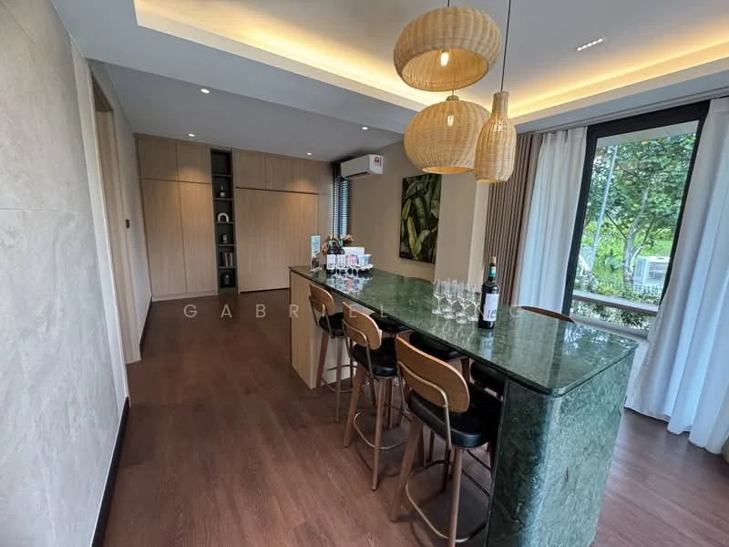 Dining features: green marble countertop, wooden bar stools, pendant lighting, floor-to-ceiling windows, white sheer curtains, wood paneling, built-in cabinetry, vinyl plank flooring; style: modern; view: garden.