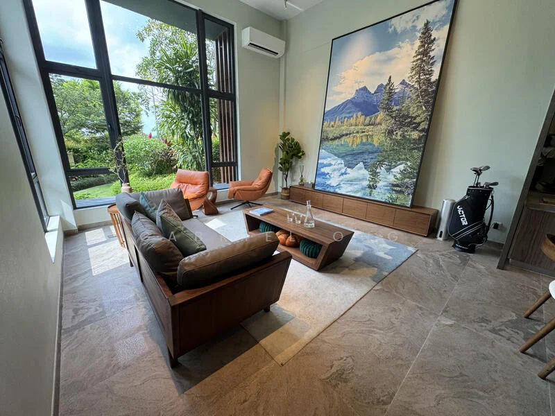 Living features: large floor-to-ceiling windows, greenery view, light green painted walls, marble tile flooring, wooden coffee table, 3-seater fabric sofa in grey, 2 armchairs in orange, decorative wall art with landscape, indoor plant, wall-mounted air conditioning unit, area rug with neutral tones; style: modern; view: garden.