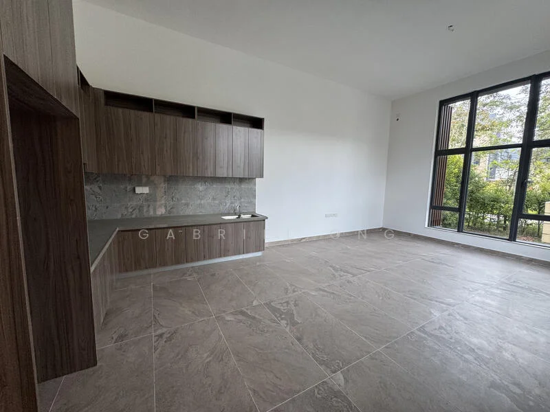 Kitchen features: wood cabinetry, grey stone backsplash, open shelving, kitchen countertop, large windows, tile flooring, neutral wall colour, spacious layout; style: modern; view: garden.
