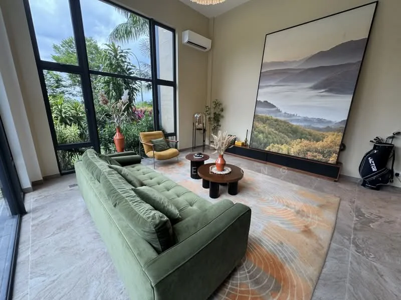 Living features: green velvet sofa, round black coffee table, area rug with geometric pattern, large wall-mounted artwork, floor-to-ceiling windows, potted plants, air conditioning unit, decorative vase, golf bag, light fixture, marble flooring; style: modern; view: garden.