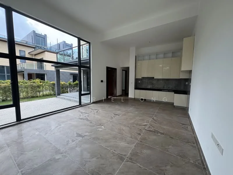 Living features: large floor-to-ceiling windows, grey marble tile flooring, white painted walls, open layout, kitchenette with cabinets, grey backsplash, recessed downlights, sliding glass door leading to outdoor area; style: modern; view: garden.