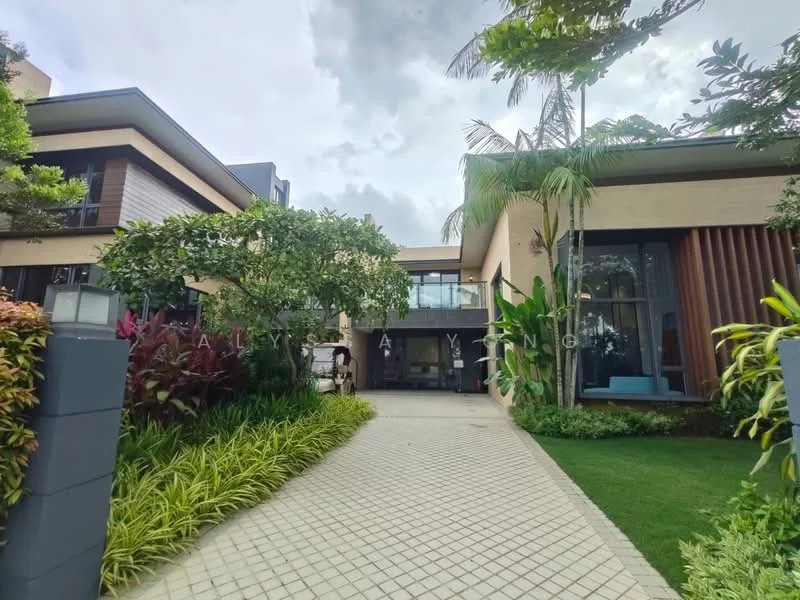 Exterior type: detached bungalow; features: two-storey building, landscaped garden with tropical plants, manicured lawn, paved walkway, large glass windows, balcony on upper floor, exposed wooden accents, modern facade with a mix of materials, driveway leading to entrance; style: modern.