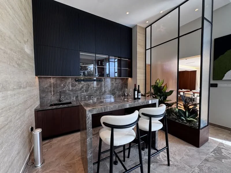 Kitchen features: black cabinetry with glass-front upper cabinets, marble countertop, stainless-steel sink, chrome pull-down faucet, built-in oven, freestanding range oven, recessed LED downlights, pendant lighting above the island, bar stools with black metal frame, decorative plants, stone wall cladding, open shelving, floor-to-ceiling windows, grey marble flooring; style: modern.