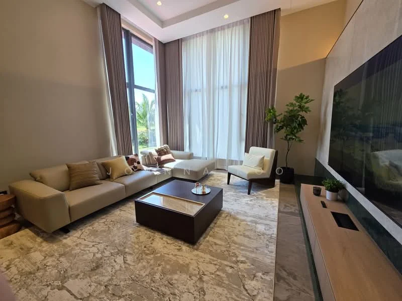 Living features: 3-seater fabric sofa in light beige, 2-seater armchair in white, coffee table with dark wood finish, marble flooring, floor-to-ceiling windows, sheer curtains, decorative plant in pot, wall-mounted TV, light grey accent wall, recessed downlights, area rug with neutral tones; style: modern; view: garden.