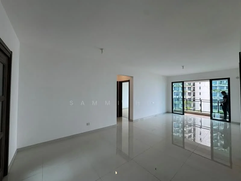 Living features: white painted walls, glossy tile flooring, floor-to-ceiling windows, sliding glass door, natural light, neutral color scheme, recessed downlights, open layout; style: modern; view: city.