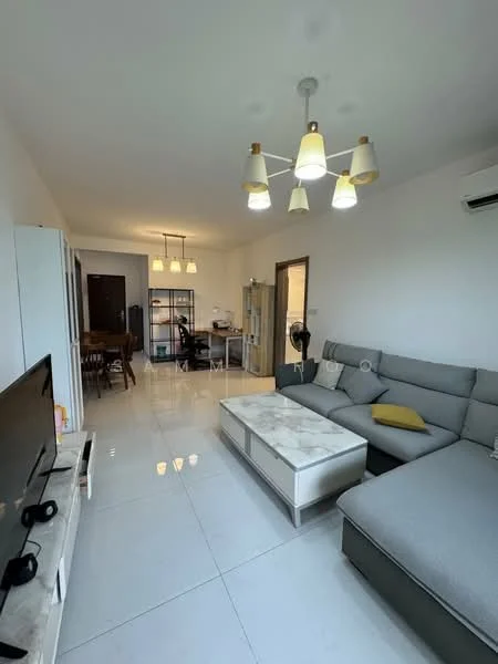 Living features: grey L-shape sectional sofa, marble-top coffee table, wall-mounted TV, 5-blade ceiling fan with light, white painted walls, glossy tile flooring, dining area with wooden dining table, 4 dining chairs, air conditioning unit, decorative wall clock; style: modern.