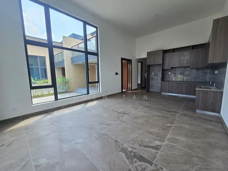 Living features: large floor-to-ceiling windows, grey marble tile flooring, white painted walls, open layout, kitchenette with dark wood cabinetry, grey stone backsplash, single-bowl stainless-steel sink, built-in countertop, recessed downlights, sliding glass door, natural light from windows; style: modern; view: garden.