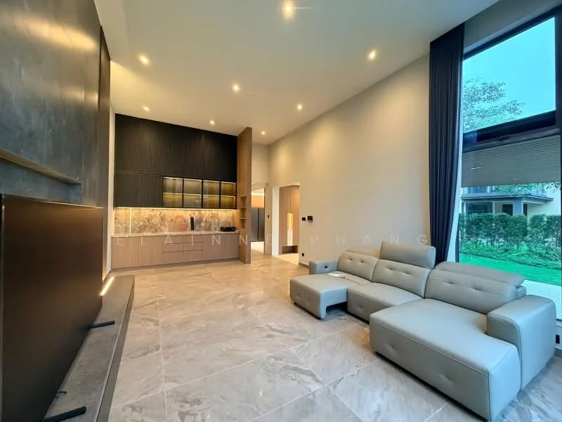 Living features: light grey leather sectional sofa, marble tile flooring, wall-mounted TV, built-in cabinetry with dark wood finish, recessed downlights, large floor-to-ceiling windows, neutral painted walls, open layout to adjacent rooms; style: modern; view: garden.