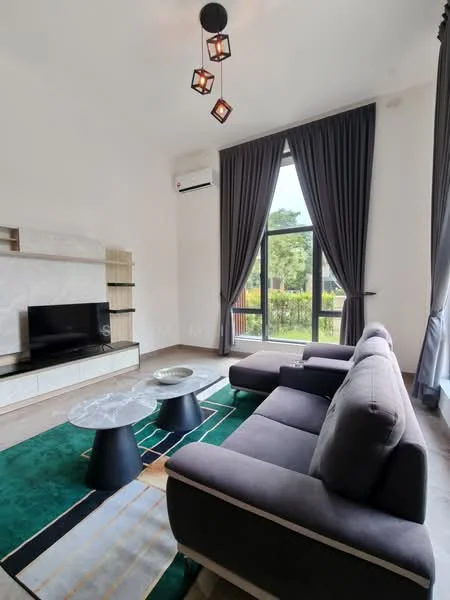 Living features: 3-seater fabric sofa in grey, coffee table with marble top, area rug with geometric pattern, wall-mounted TV, TV console with storage, floor-to-ceiling windows, blackout curtains, 1 wall-mounted split AC, pendant light fixture, light-colored walls, wooden flooring; style: modern; view: garden.