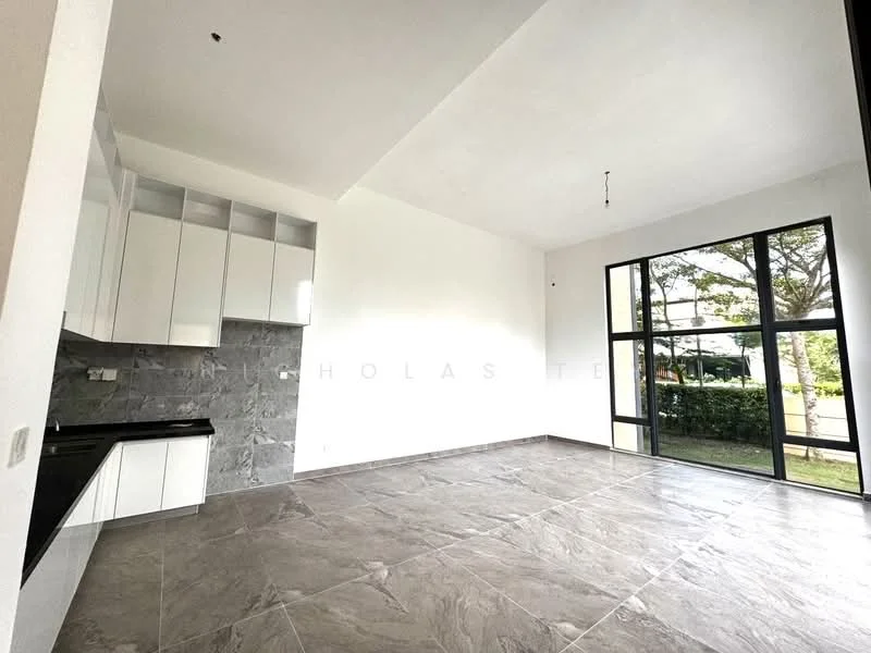 Living features: grey tile flooring, white painted walls, large floor-to-ceiling windows, black countertop, white upper cabinets, grey stone backsplash, no visible appliances, high ceiling, natural light from windows, view of greenery outside; style: modern; view: garden.