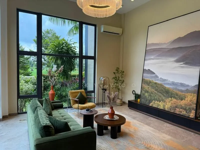 Living features: green velvet sofa, round wooden coffee table, floor-to-ceiling windows, chandelier with multiple bulbs, decorative wall art with landscape, potted plants, wooden TV console, accent chair in yellow, decorative vase, light-colored walls, stone flooring, air conditioning unit; style: modern; view: garden.