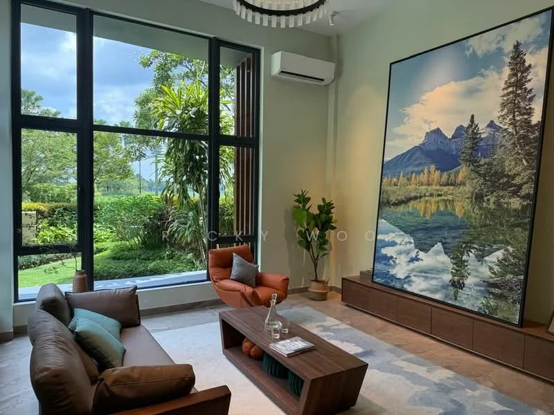 Living features: large floor-to-ceiling windows, greenery view, light green painted walls, cream marble flooring, brown leather sofa, blue fabric sofa, wooden coffee table, decorative wall art with landscape, indoor plants, air conditioning unit, recessed ceiling lights, chandelier; style: modern; view: garden.