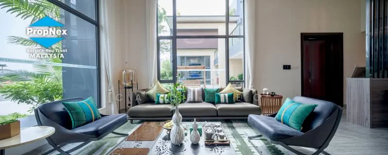 Living features: large floor-to-ceiling windows, grey fabric sofa with blue and green cushions, glass coffee table, decorative vases on the table, area rug with geometric pattern, wall-mounted TV, wooden console table, potted plants, neutral painted walls, recessed lighting, wooden door, curtains, modern decor accents; style: modern; view: garden.