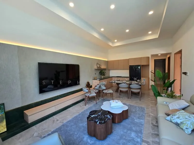 Living features: cream painted walls, tray ceiling with recessed lighting, large wall-mounted TV, light wood cabinetry, black countertop, dining table with chairs, green indoor plants, light grey area rug, 3-seater beige sofa, wooden coffee table with marble top, decorative wall paneling, floor-to-ceiling windows, tile flooring; style: modern.