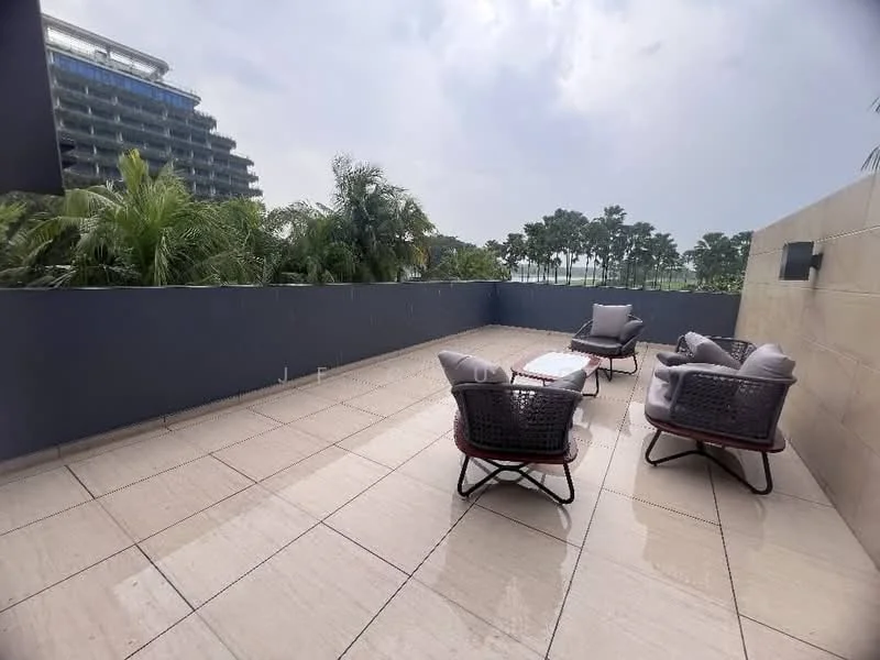 Room features: outdoor seating area, 4 wicker chairs with cushions, glass coffee table, tile flooring, potted plants, surrounding greenery, high wall for privacy, open sky view; style: modern; view: garden.