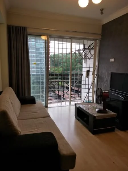 Living features: 3-seater fabric sofa in beige, coffee table, TV console, wall-mounted TV, floor-to-ceiling sliding glass door, curtains, laminate flooring, decorative wall with patterned wallpaper, ceiling light fixture; style: contemporary; view: garden.