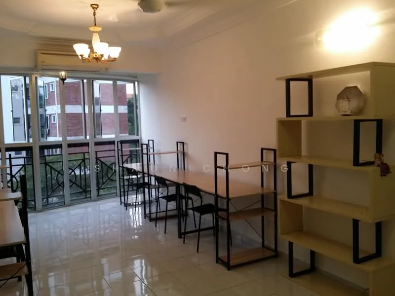 Dining features: white painted walls, glossy tile flooring, tray ceiling, 5-blade ceiling fan with light, dining table with chairs, open shelving unit, floor-to-ceiling windows, balcony view; style: modern; view: garden.