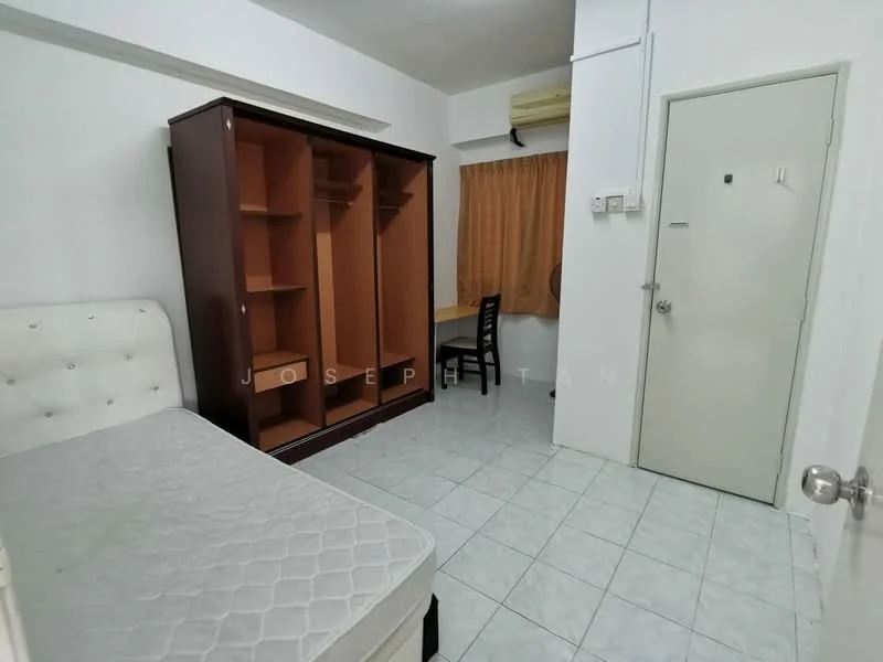 Bedroom features: single bed with mattress, upholstered headboard, built-in wardrobe with open shelving, desk with chair, curtains, tile flooring, white painted walls, air conditioning unit.