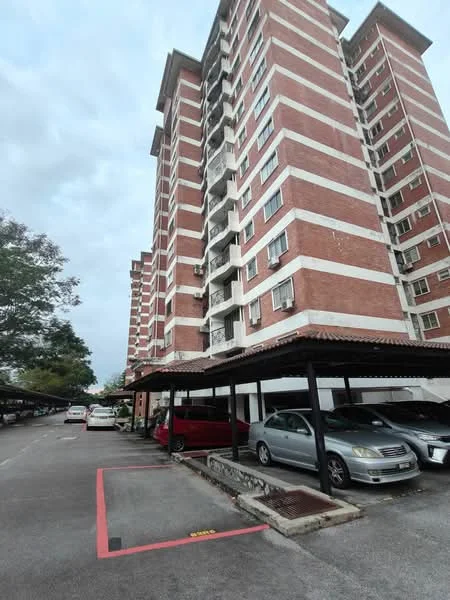 Exterior type: mid-rise condominium; features: red brick facade, white painted accents, covered car porch, multiple storeys, parking spaces, landscaped area with trees, driveway with interlocking pavers; style: modern.