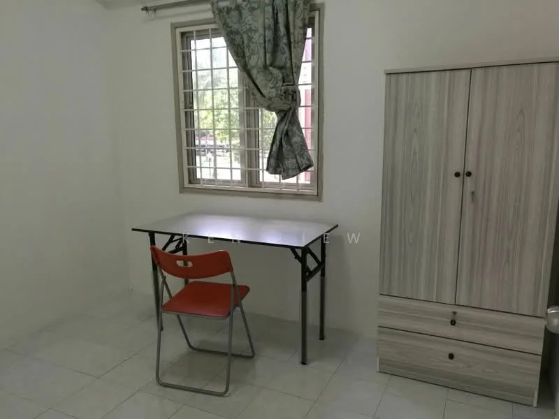 Room features: white painted walls, tile flooring, window with grille, curtains, folding table, orange chair, wooden wardrobe with two doors; style: minimalist; view: garden.
