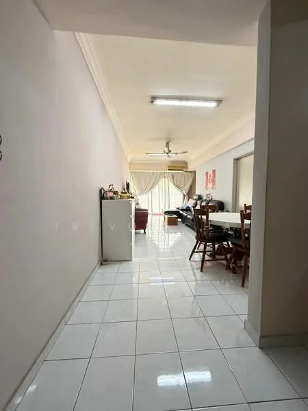 Living features: white painted walls, glossy white tile flooring, recessed ceiling lights, 5-blade ceiling fan, large windows with sheer curtains, sofa set, dining table with chairs, refrigerator, decorative wall art; style: modern. Hallway features: white painted walls, glossy white tile flooring, doorway leading to living area.