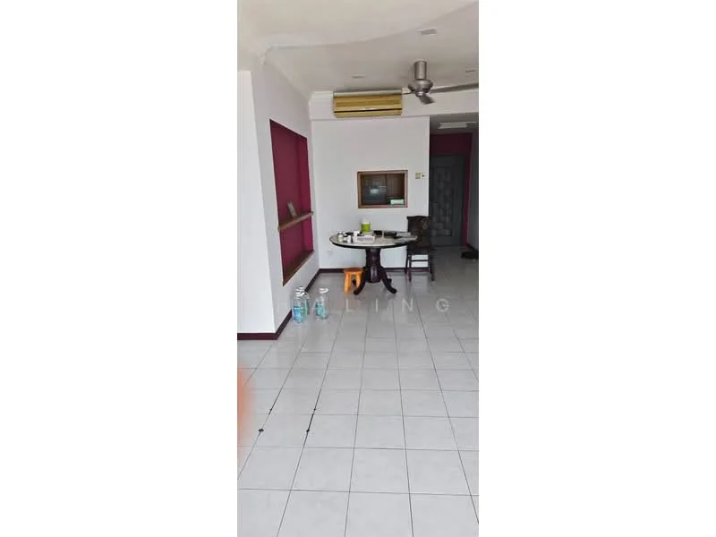 Room features: white painted walls, grey tiled flooring, ceiling fan, window with sheer curtains, round dining table, wooden chair, decorative wall frame, air conditioning unit.