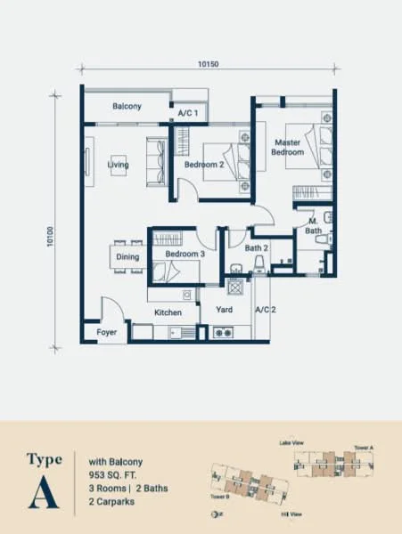 Floor plan: 3-bedroom 2-bathroom unit; features: open-plan living-dining layout, kitchen adjacent to dining area, master bedroom with ensuite bathroom, balcony off living room, yard area, foyer at entrance, 2 car parks, utility room, bedroom 2 with shared bathroom, bedroom 3, A/C units indicated.
