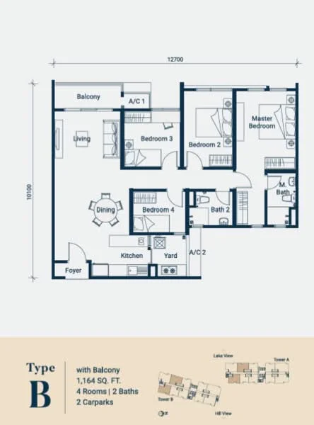 Floor plan: 3-bedroom 2-bathroom unit; features: open-plan kitchen-dining-living, master bedroom with ensuite bathroom, balcony off living room, utility room, yard area, 2 car parks, central foyer.