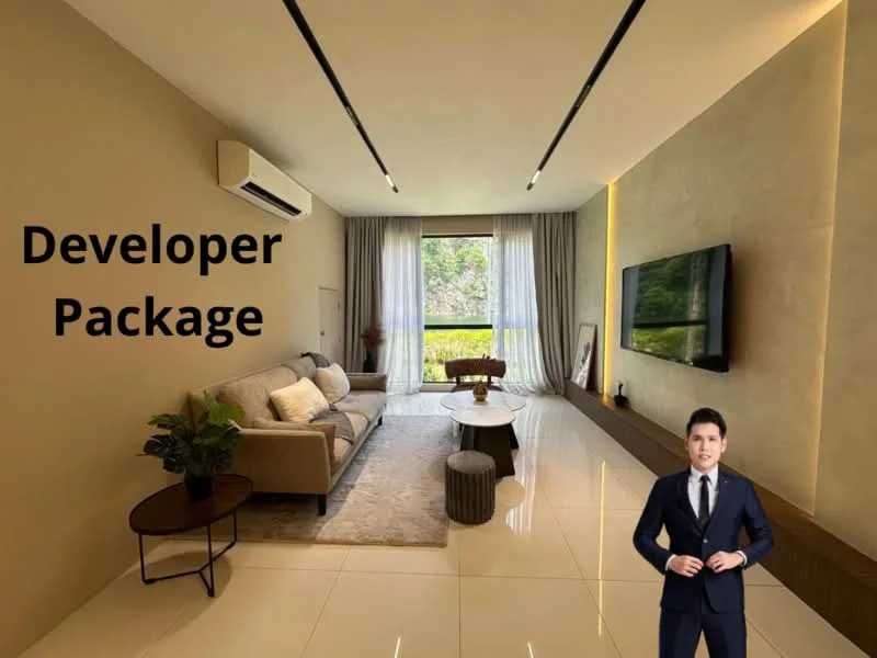 Living features: cream painted walls, white ceiling, recessed downlights, 5-blade ceiling fan, floor-to-ceiling windows, sheer curtains, light-coloured sofa, wooden coffee table, area rug, TV mounted on wall, decorative wall paneling, greenery view from window, tile flooring; style: modern; view: garden.