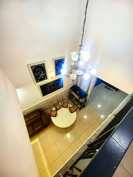Living features: brown leather sofa, round marble dining table, 6 upholstered dining chairs, chandelier with multiple bulbs, framed artwork on walls, white painted walls, tile flooring, recessed lighting, open layout, high ceiling; style: modern.