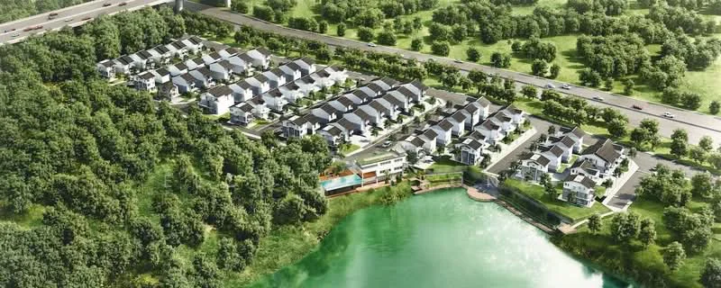 Exterior type: linked terrace house; features: manicured lawn, mature trees, swimming pool, waterfront view, surrounded by greenery, road access, parking spaces, outdoor amenities, landscape garden; style: modern.