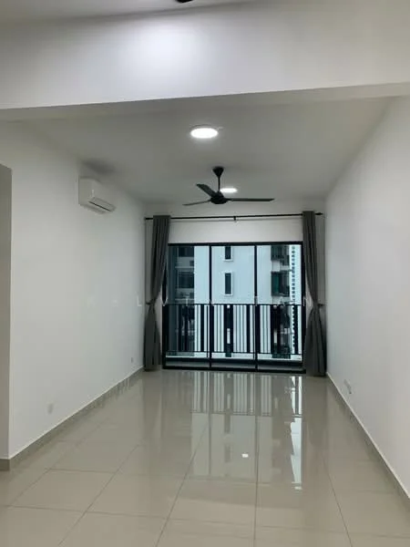 Living features: white painted walls, glossy ceramic tile flooring, 5-blade ceiling fan with light, floor-to-ceiling sliding glass door, grey curtains, air conditioning unit on wall, balcony access, natural light from large window; style: modern.