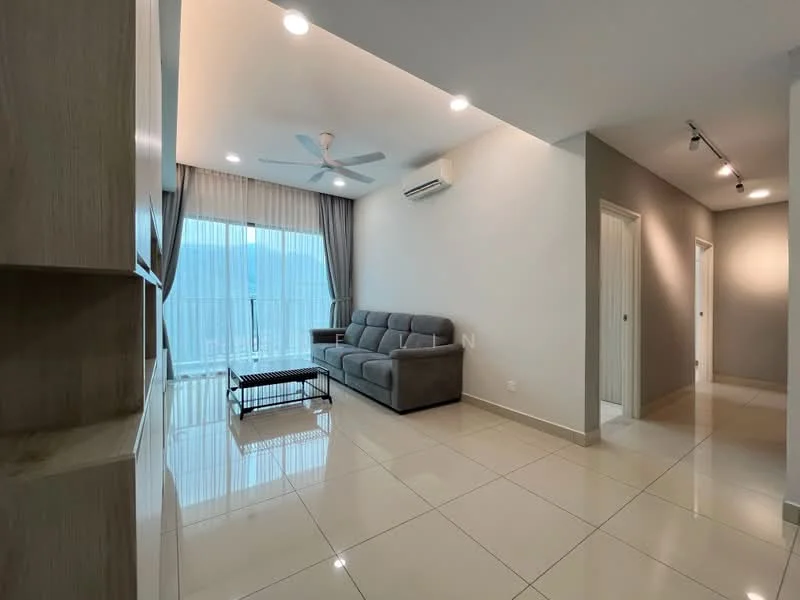 Living features: 3-seater fabric sofa in grey, coffee table, floor-to-ceiling windows, curtains, 5-blade ceiling fan with light, wall-mounted air conditioning unit, glossy tile flooring, neutral wall color, recessed downlights; style: modern; view: city. Hallway features: light grey painted walls, white doors, glossy tile flooring; style: modern.
