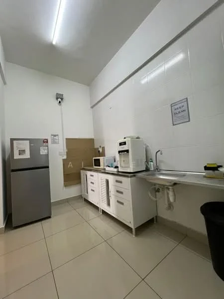 Kitchen features: grey fridge, white cabinetry with multiple drawers and cabinets, stainless-steel sink, chrome faucet, white tiled walls, cream tiled flooring, microwave, countertop with space for appliances, wall-mounted security camera, waste bin; style: modern.