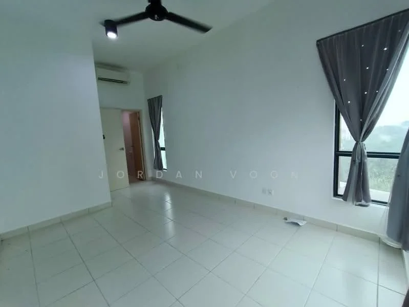 Room features: white painted walls, tile flooring, ceiling fan, floor-to-ceiling windows, grey curtains, air conditioning unit, natural light, view of greenery; style: modern; view: garden.