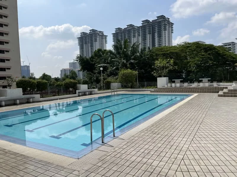 Exterior type: swimming pool deck; features: infinity pool, lap pool, pool deck with loungers, surrounded by landscaped greenery, paved walkway, lighting fixtures around pool area; style: modern.