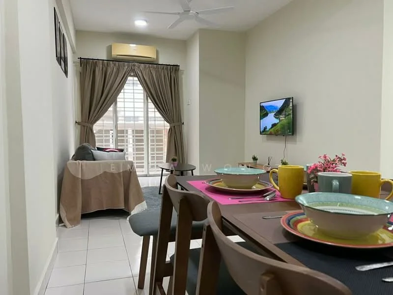 Dining features: dining table with 4 chairs, ceramic plates, colorful mugs, table runner, window with sheer curtains, floor-to-ceiling window, light-colored walls, recessed downlights, ceiling fan; style: modern. Living features: sofa with throw pillows, wall-mounted TV, decorative plant, light-colored walls, tile flooring; style: modern.