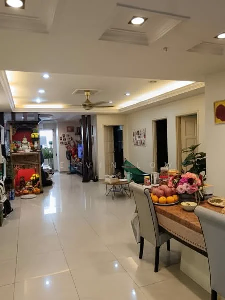 Room features: white painted walls, recessed ceiling lights, 5-blade ceiling fan with light, glossy ceramic tile flooring, dining table with upholstered chairs, decorative wall art, open layout, decorative plants, fruit display on table, multiple doorways, wall-mounted photo frames, shelves with decorative items; style: modern.