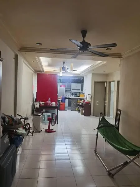 Room features: white painted walls, tile flooring, tray ceiling, recessed downlights, 5-blade ceiling fan, open layout, kitchen area visible, dining table, wooden dining chairs, green folding chair, storage cabinets, appliances visible in kitchen.