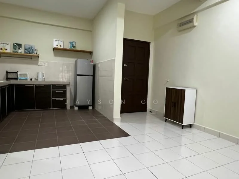 Kitchen features: brown cabinetry with flat-panel design, white countertop, stainless-steel fridge, ceramic tile flooring in white, grey tile flooring, wall-mounted split AC, single-basin sink, kitchen wall with white tiles, door leading to another room, decorative wall art, open shelving; style: modern.
